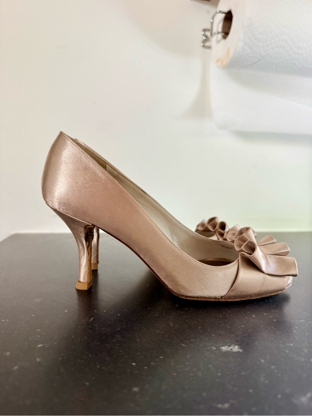 Stuart Weitzman Gigiritz Champagne Satin Peep-Toe Pumps with Bow